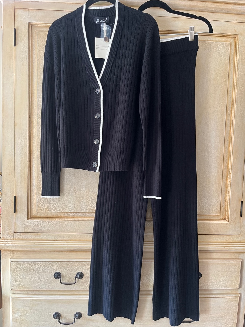 Marled Black Wide-Leg Ribbed Knit 2-pc pant Set with White Trim-XS-NWT